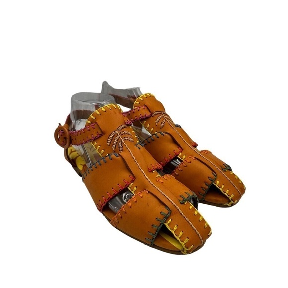 FARM Rio Caramel Palm Whipstitch Sandals Vegan Embroidered - Picture 1 of 7